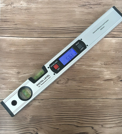 Magnetic digital angle meter with LCD display showing degree measurement on metal surface