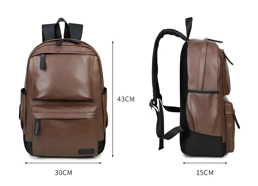 Black men's PU leather backpack with computer pocket and adjustable shoulder straps