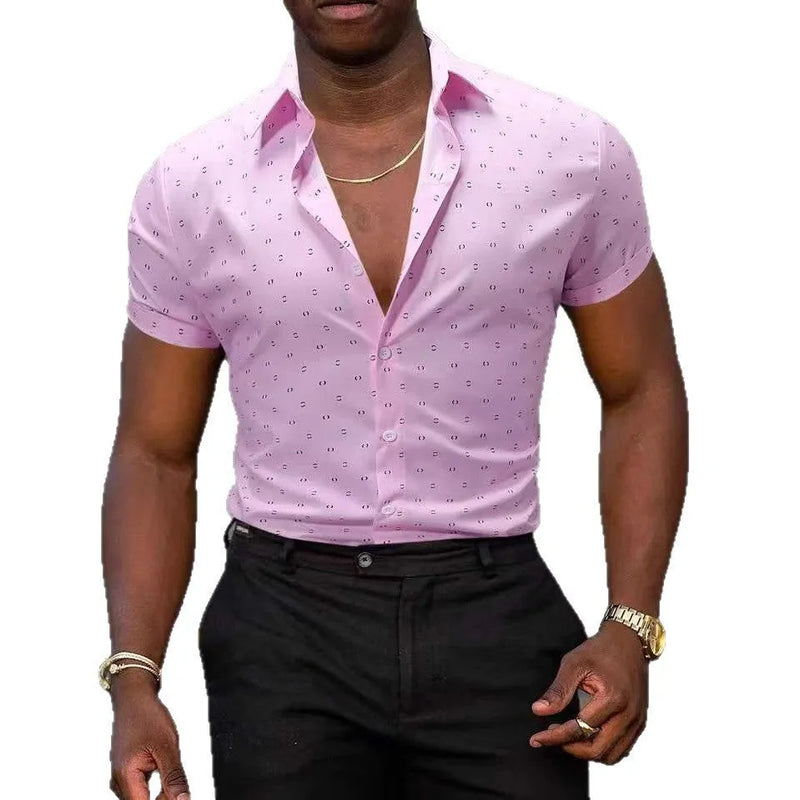 Men's printed short-sleeved shirt in lightweight polyester fabric featuring four-sided elastic stretch, a casual cardigan style, and available in sizes M to 3XL for summer daily wear in light blue, navy blue, pink, or white colour options.