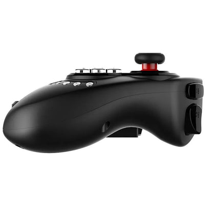 Wireless telescopic game controller extended with a phone inserted, showing buttons and USB port.