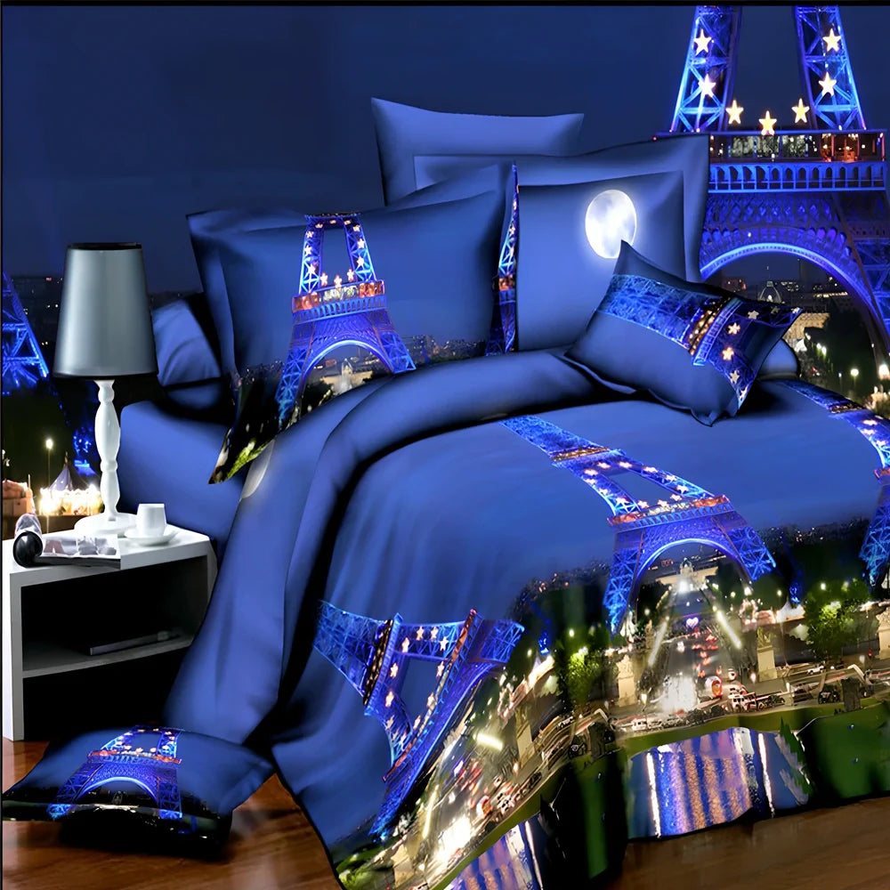 Brushed 3D floral pattern four-piece bedding set with quilt cover, sheets, and pillowcases in blue colour