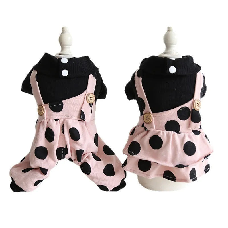 Casual lapel shoulder strap dog clothes in cloth material, showing four-legged and skirt style options.