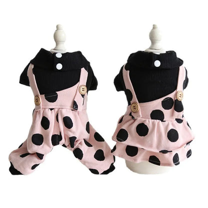 Casual lapel shoulder strap dog clothes in cloth material, showing four-legged and skirt style options.