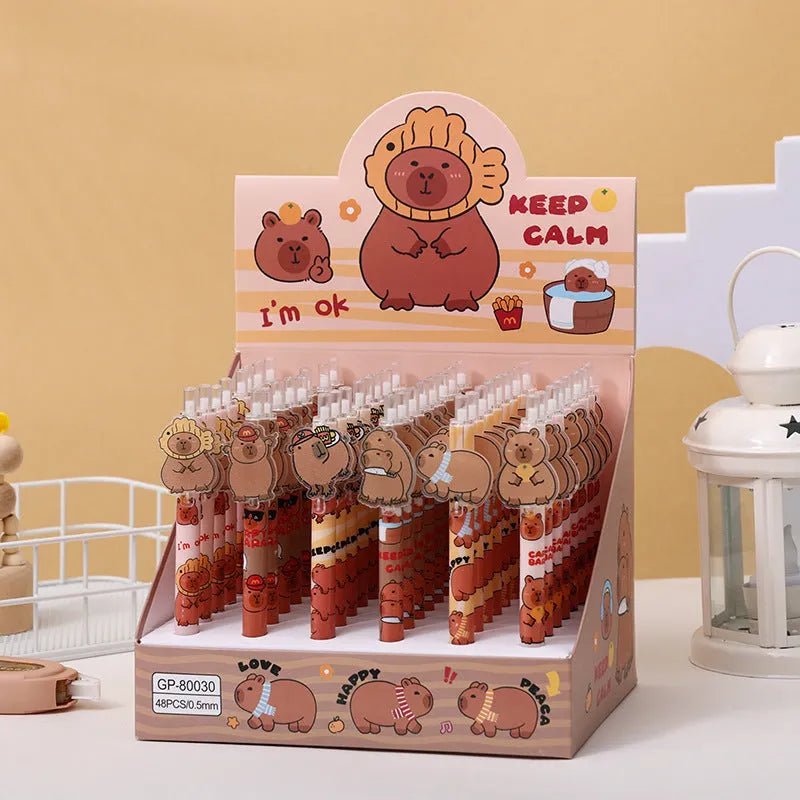 Cartoon bear acrylic paster pressing pen set with 48 plastic gel pens and carbon black refills