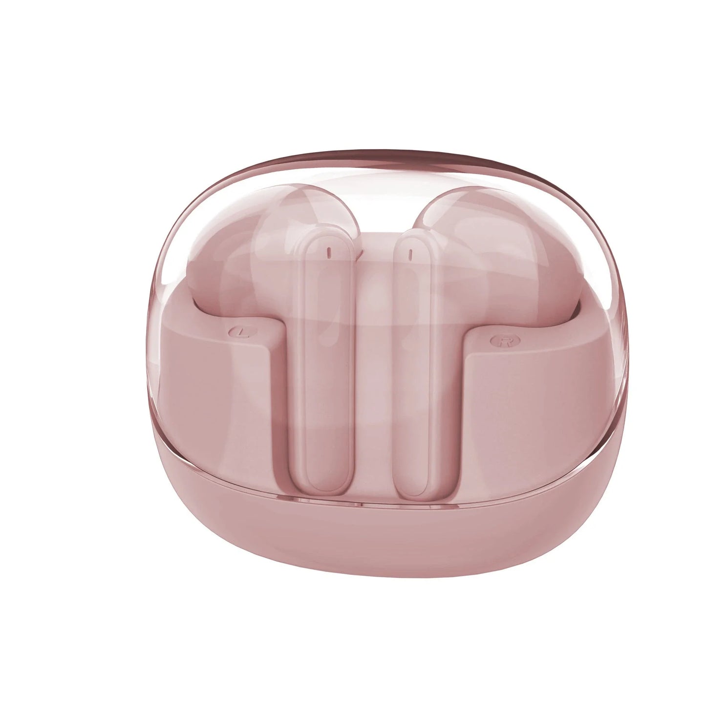 Wireless Bluetooth headset with transparent case, showcasing its sleek and compact design
