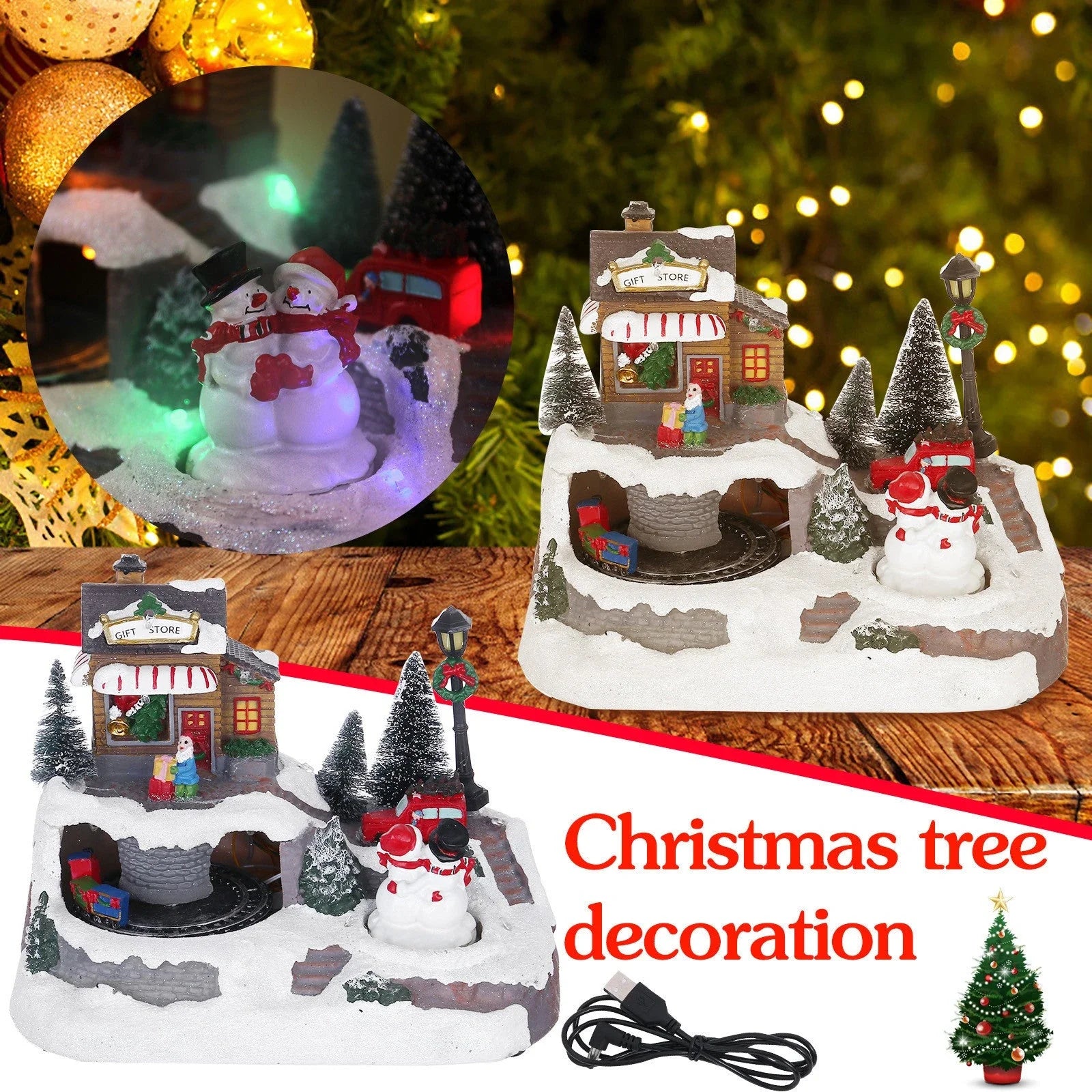 Enchanting Christmas house decoration with glowing LED lights, rotating snowman, Santa Claus, and children, and playing classic holiday music