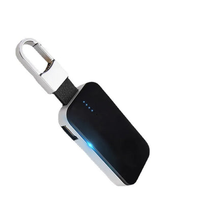 Black Apple Watch keychain charger showing 127mm length, 41mm width, with 1000mAh battery capacity