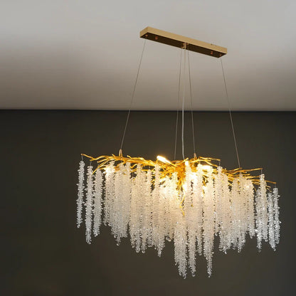 Villa crystal chandelier with adjustable height and LED lighting in multiple size options