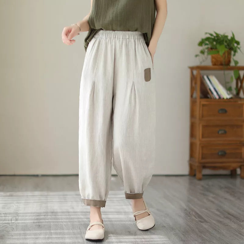 Loose large size slimming high waist pants in black, brown, and linen colors