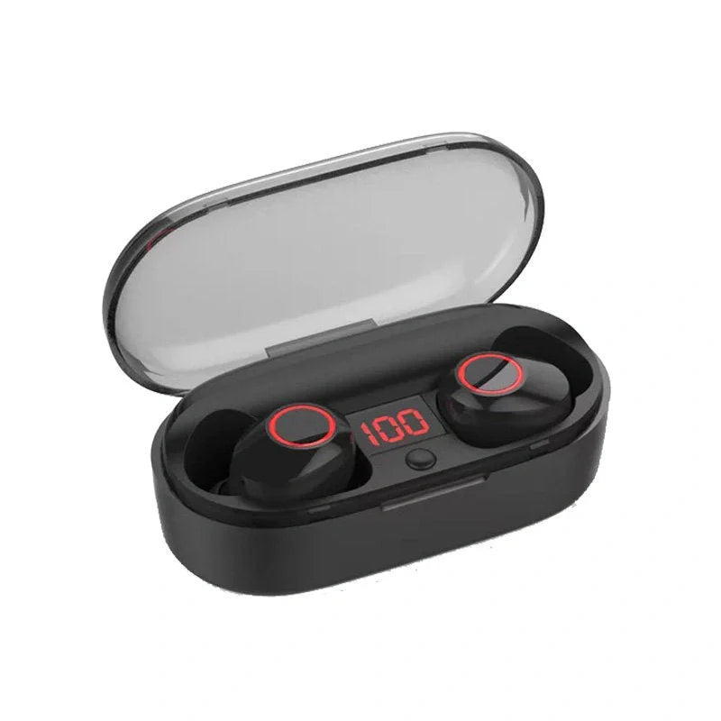 J29Tws Bluetooth headset in red, blue, black, and white with digital display