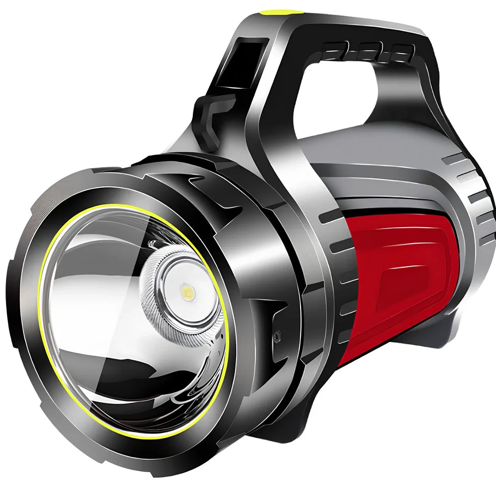 Portable LED flashlight with adjustable strap showing 6000 lumens brightness and 800m range specifications