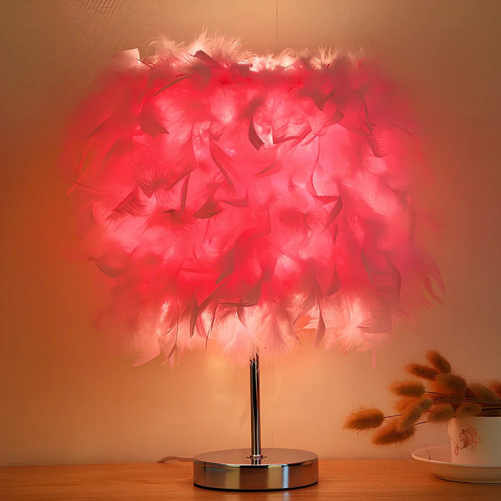 Feather night light with fur shade showing push-button switch and LED illumination in pink colour option