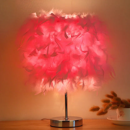 Feather night light with fur shade showing push-button switch and LED illumination in pink colour option