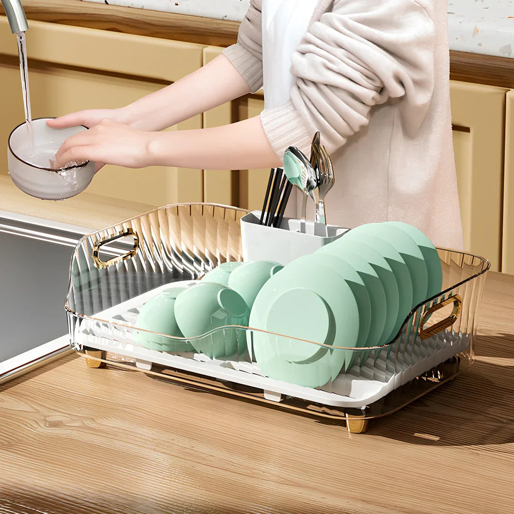 Green PET kitchen dish drain rack with organised shelving and mobile design