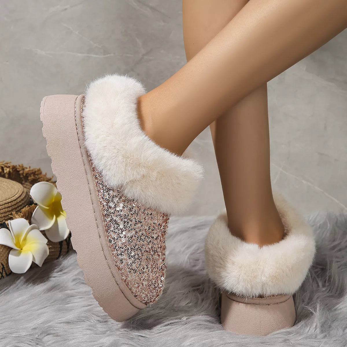 Sequined plush slippers with thick soles for winter warmth in blue, gold, black, and pink