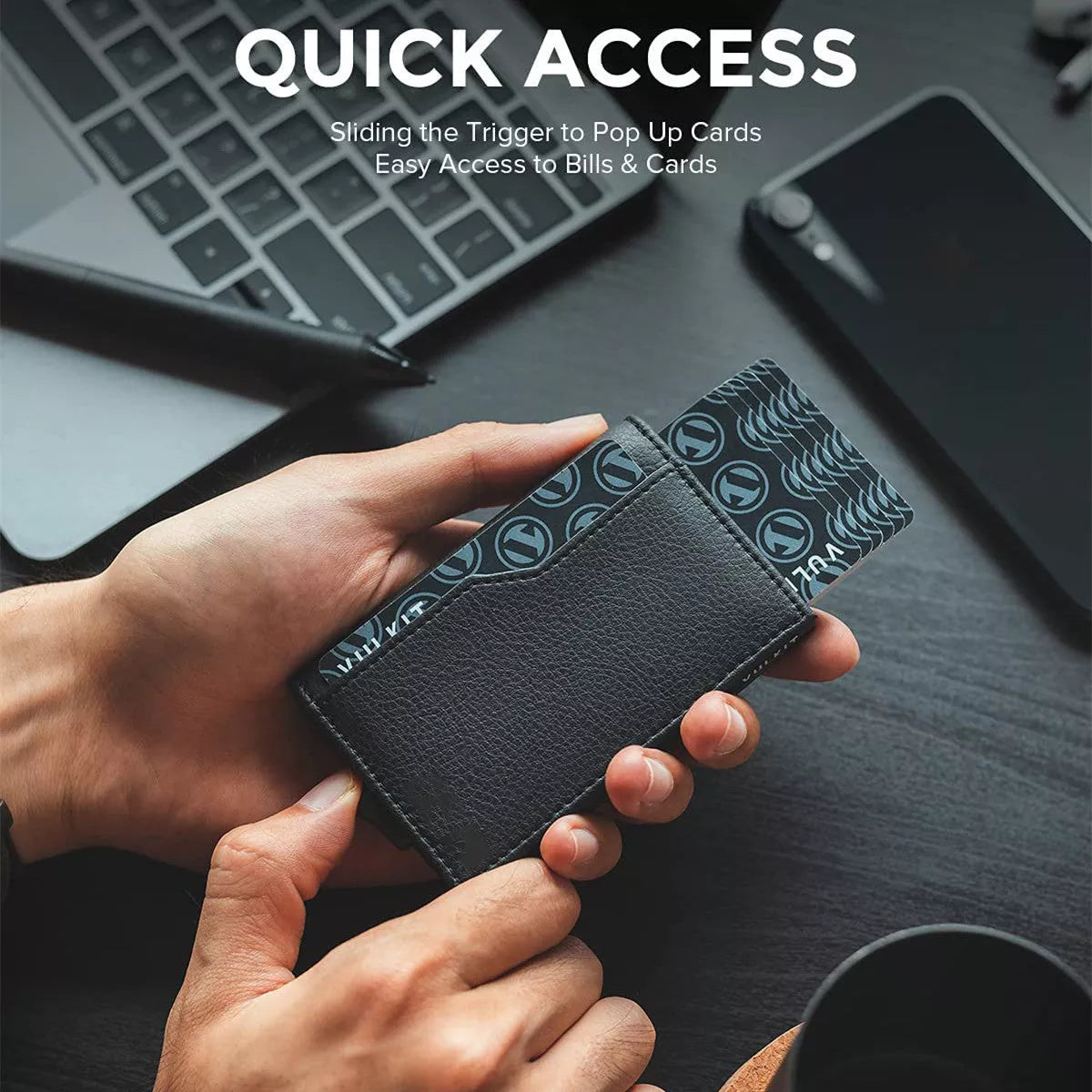 Leather credit card case with RFID blocking and double ID window in Black, Yellow Brown, Carbon Fiber Black, and Deep Coffee