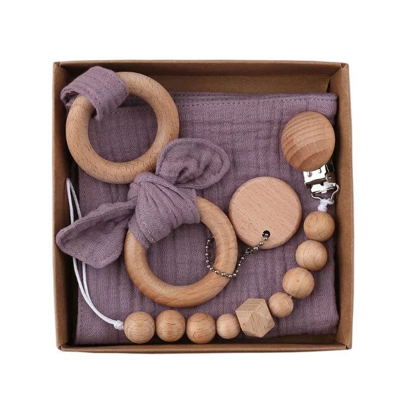 Natural cotton baby bath toy set with wooden rattle and comfort towel