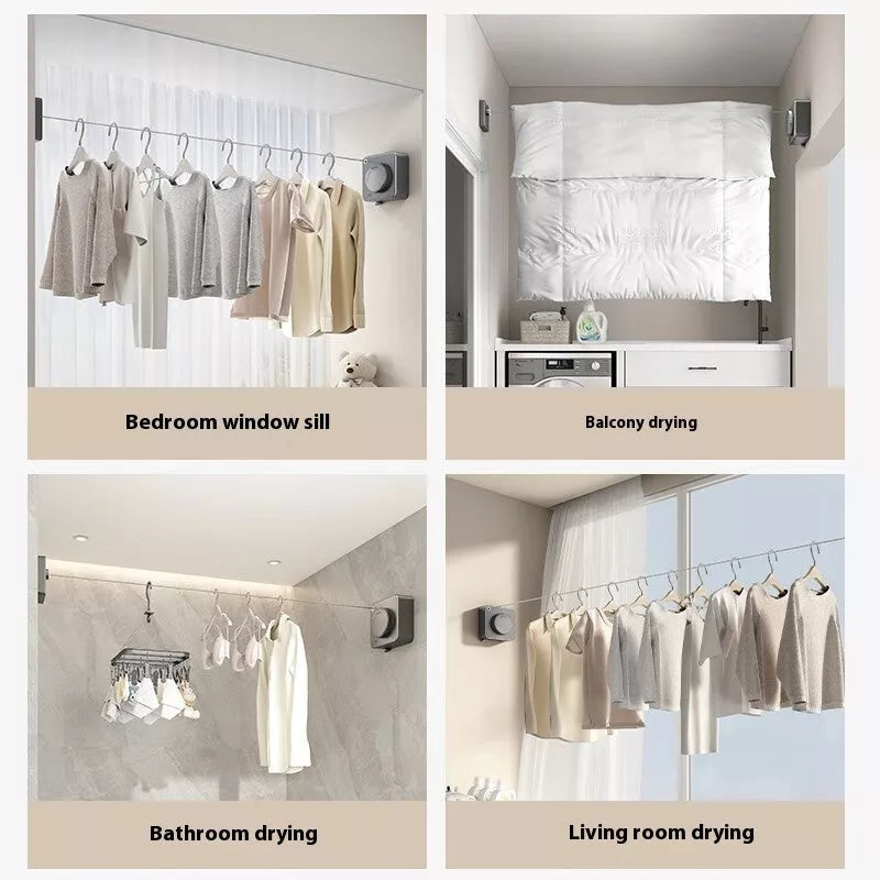 Telescopic wall-mounted laundry line in gun gray, black, and matt white options