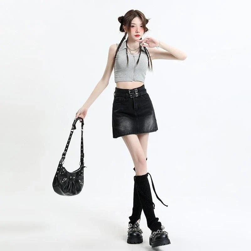 Chic High Waist Denim Mini Skirt with Belt - Stylish and Versatile Fashion for Women