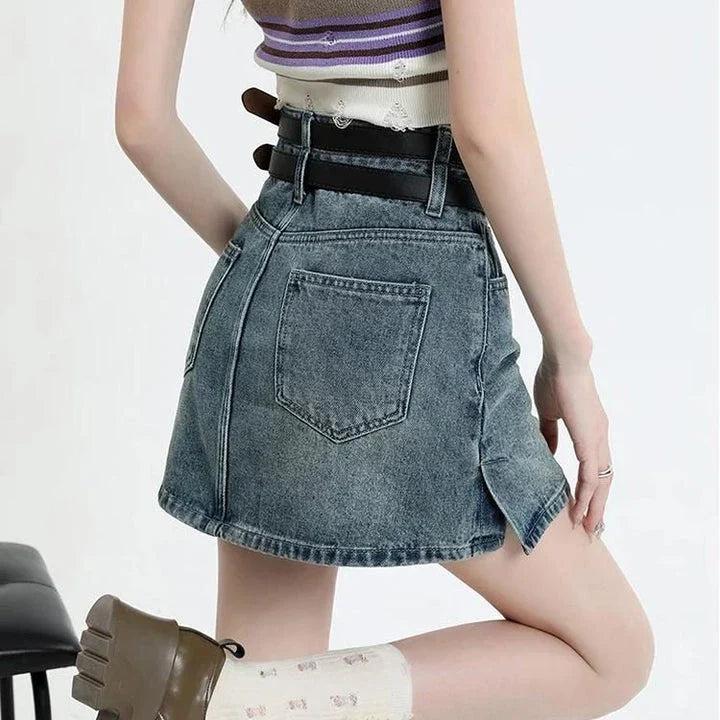 Chic High Waist Denim Mini Skirt with Belt - Stylish and Versatile Fashion for Women