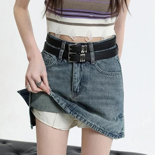 Chic High Waist Denim Mini Skirt with Belt - Stylish and Versatile Fashion for Women