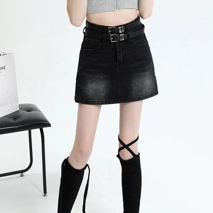 Chic High Waist Denim Mini Skirt with Belt - Stylish and Versatile Fashion for Women