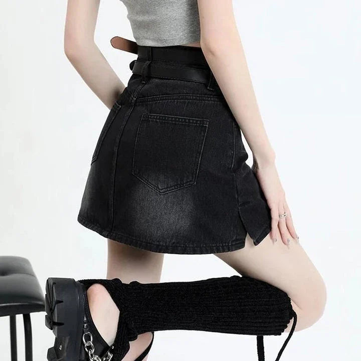 Chic High Waist Denim Mini Skirt with Belt - Stylish and Versatile Fashion for Women