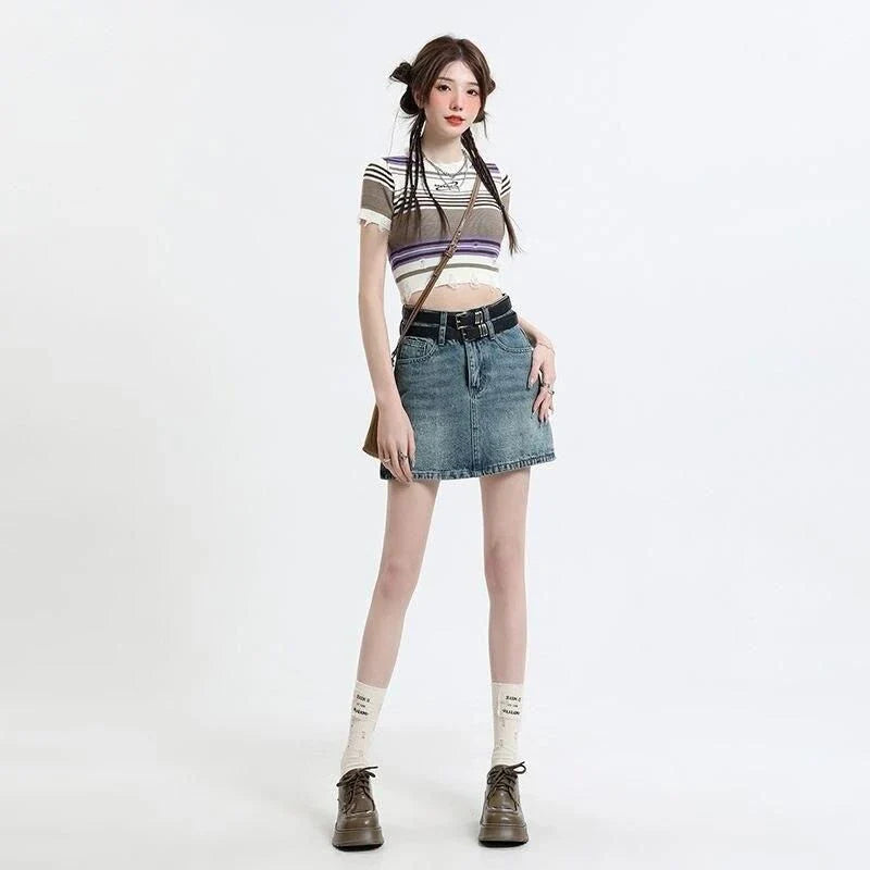 Chic High Waist Denim Mini Skirt with Belt - Stylish and Versatile Fashion for Women