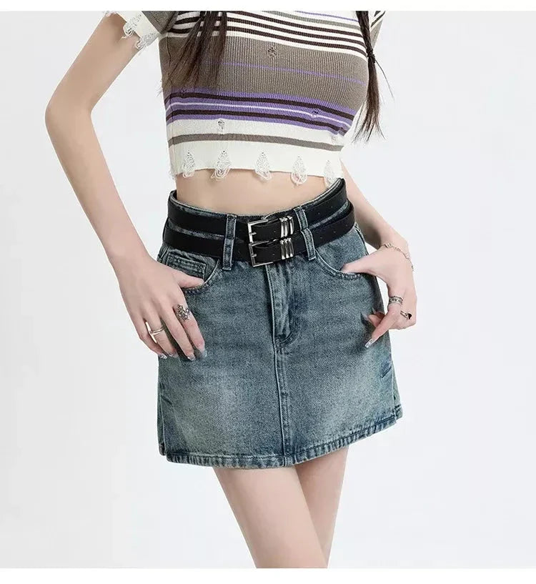 Hhomeenjoy Chic High Waist Denim Mini Skirt with Belt