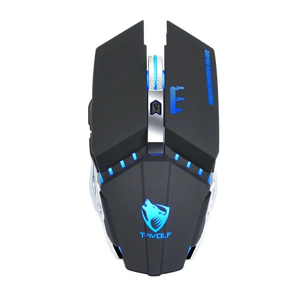 Wireless gaming mouse with RGB lighting in black colour showing six programmable buttons and scroll wheel