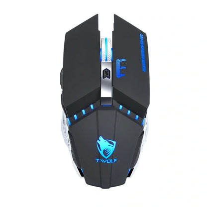 Wireless gaming mouse with RGB lighting in black colour showing six programmable buttons and scroll wheel