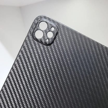 Carbon fibre protective cover for iPad Pro 11 showing 3K matte fine hole texture and embossed plaid pattern