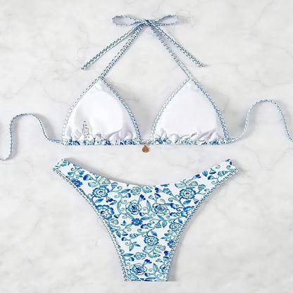 Women's blue and white porcelain print tube top bikini split swimsuit, sizes S to XL, polyester nylon spandex.