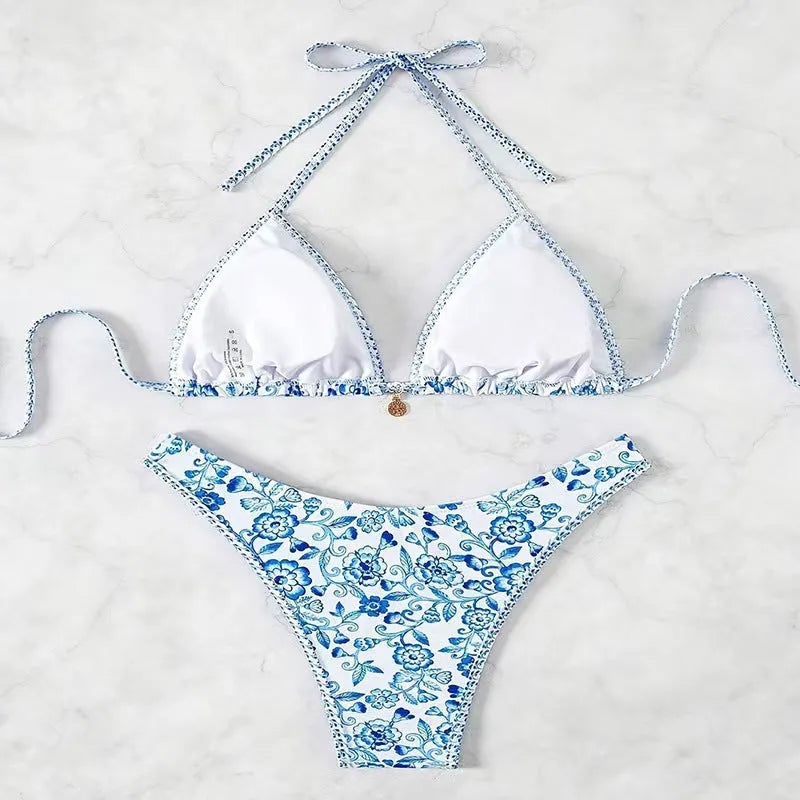 Women's Printed Tube Top Bikini Split Swimsuit in Blue and White Porcelain Style, Polyester and Nylon Fabric with Spandex Lining, Sizes S to XL, Adult Female Swimming and Wading Costume