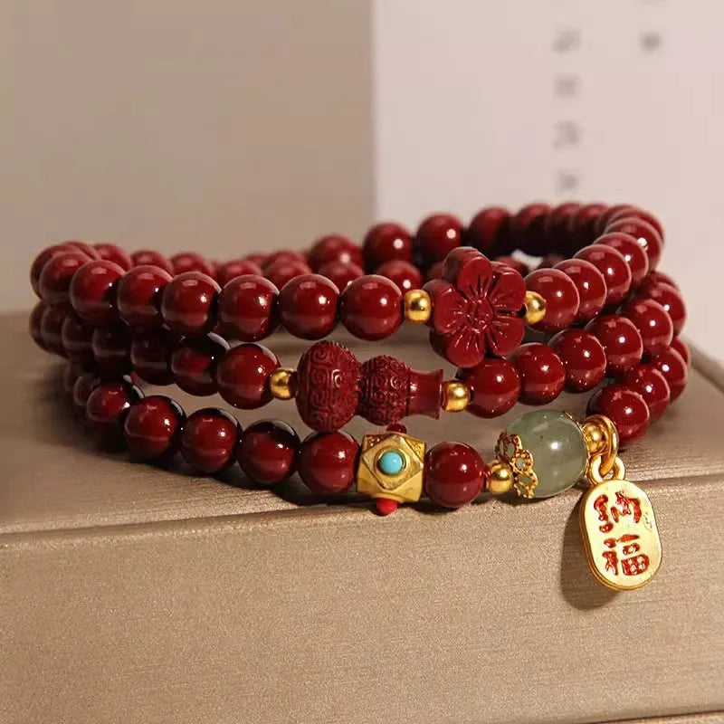 Women's Chinese style cinnabar bracelet with 6mm multi-circle gourd and five petal flower geometric design