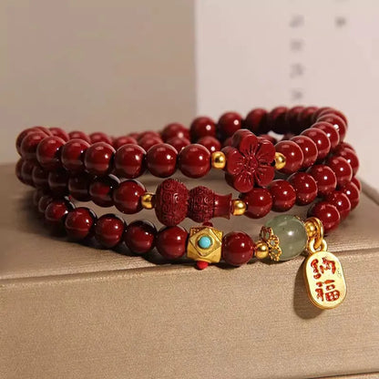 Women's Chinese style cinnabar bracelet with 6mm multi-circle gourd and five petal flower geometric design