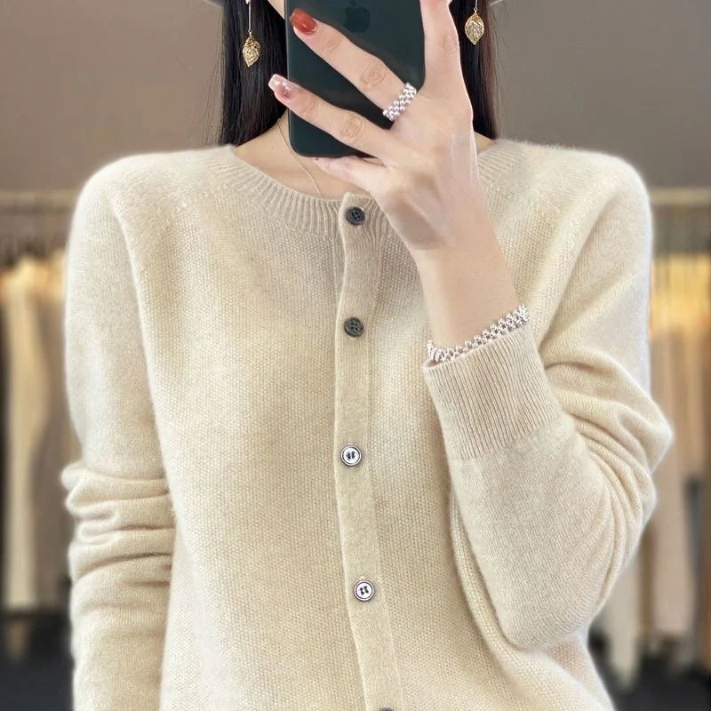 Stylish and comfortable Merino wool cardigan sweater for women in a variety of chic colors