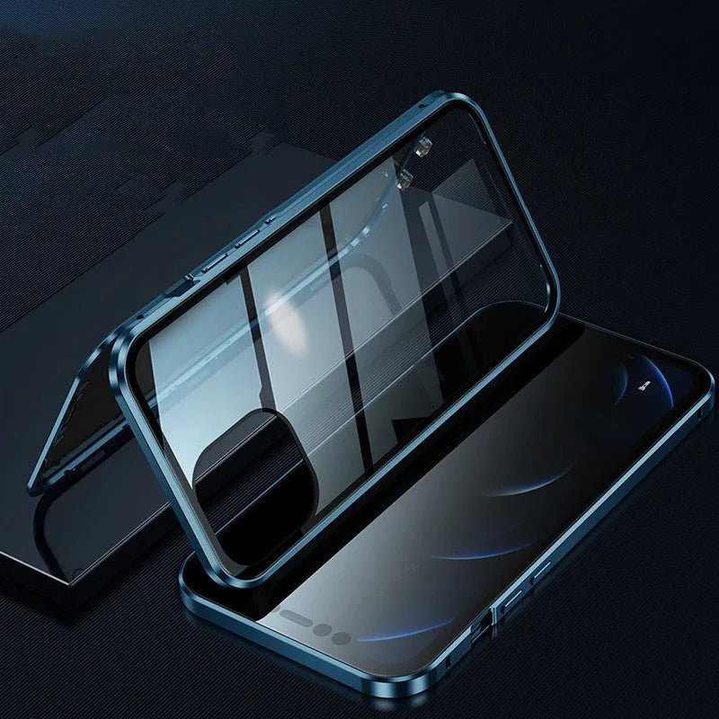 Double sided magnetic glass phone case in silicone for iPhone, available in black, red, silver, gold, dark green, emerald green and blue.