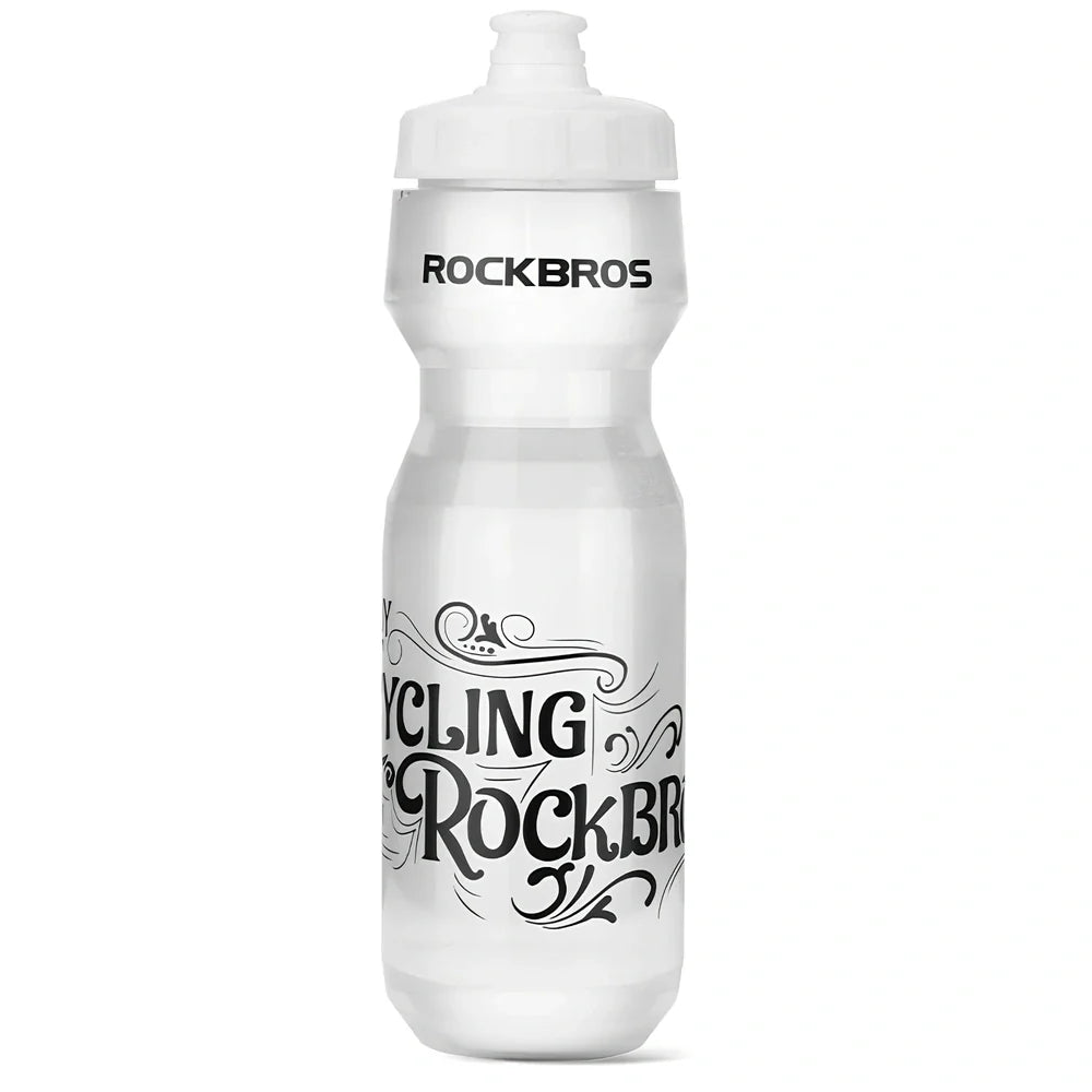 Cycling water bottle with transparent body and white press-type mouth, 750ml capacity