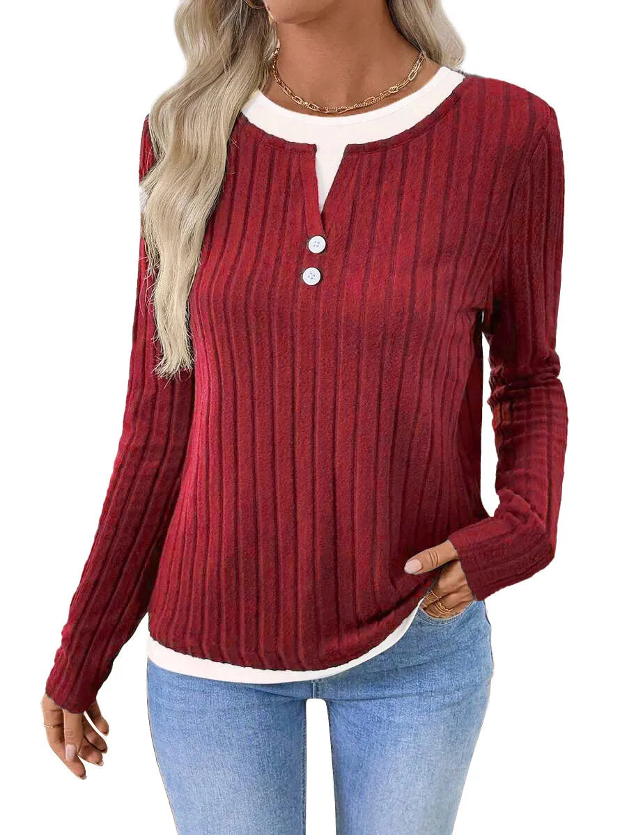 Women's concave stripe pullover sweater with fake two-piece design and button front in street fashion style