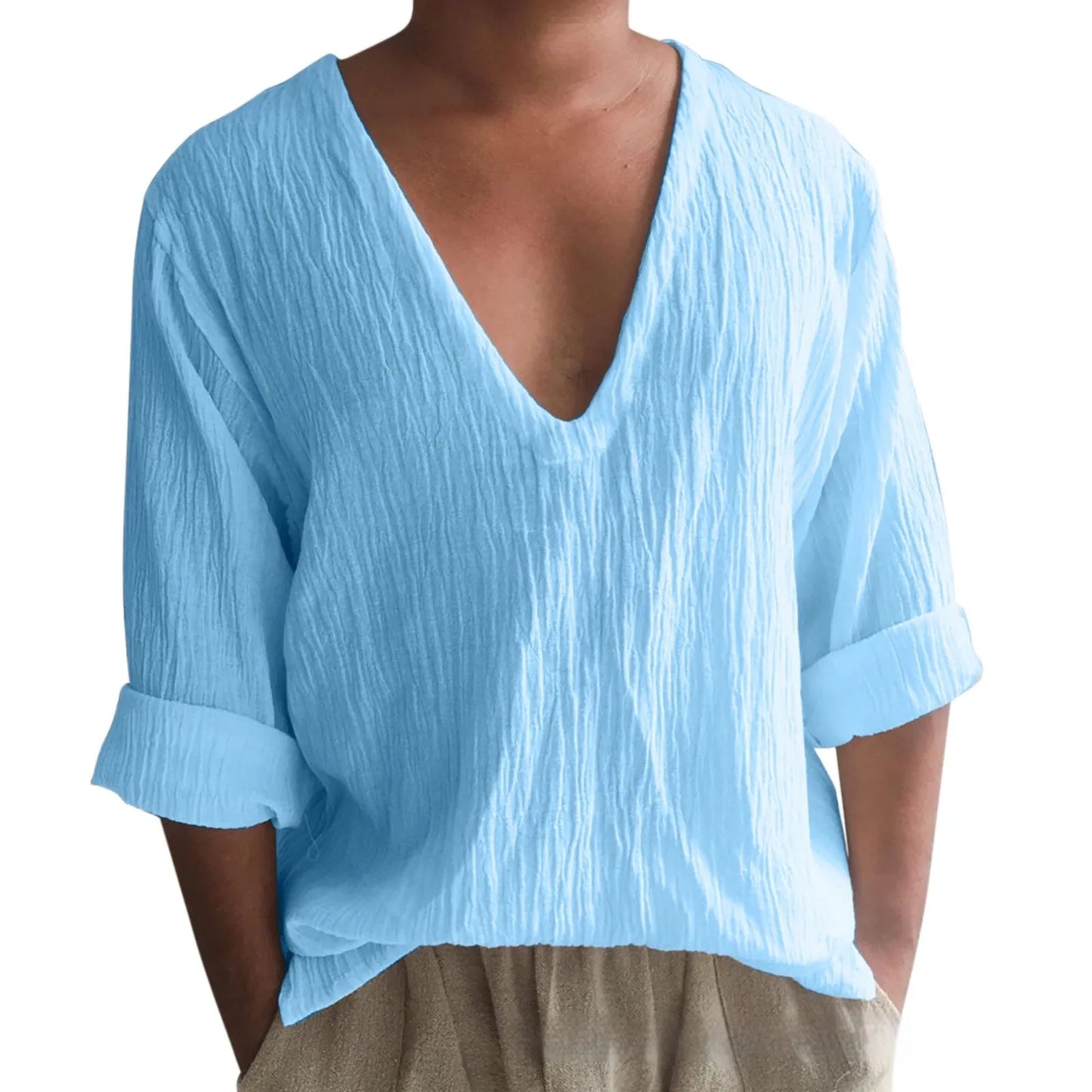 Men's washed cotton long sleeve V-neck t-shirt in a solid colour on a hanger.