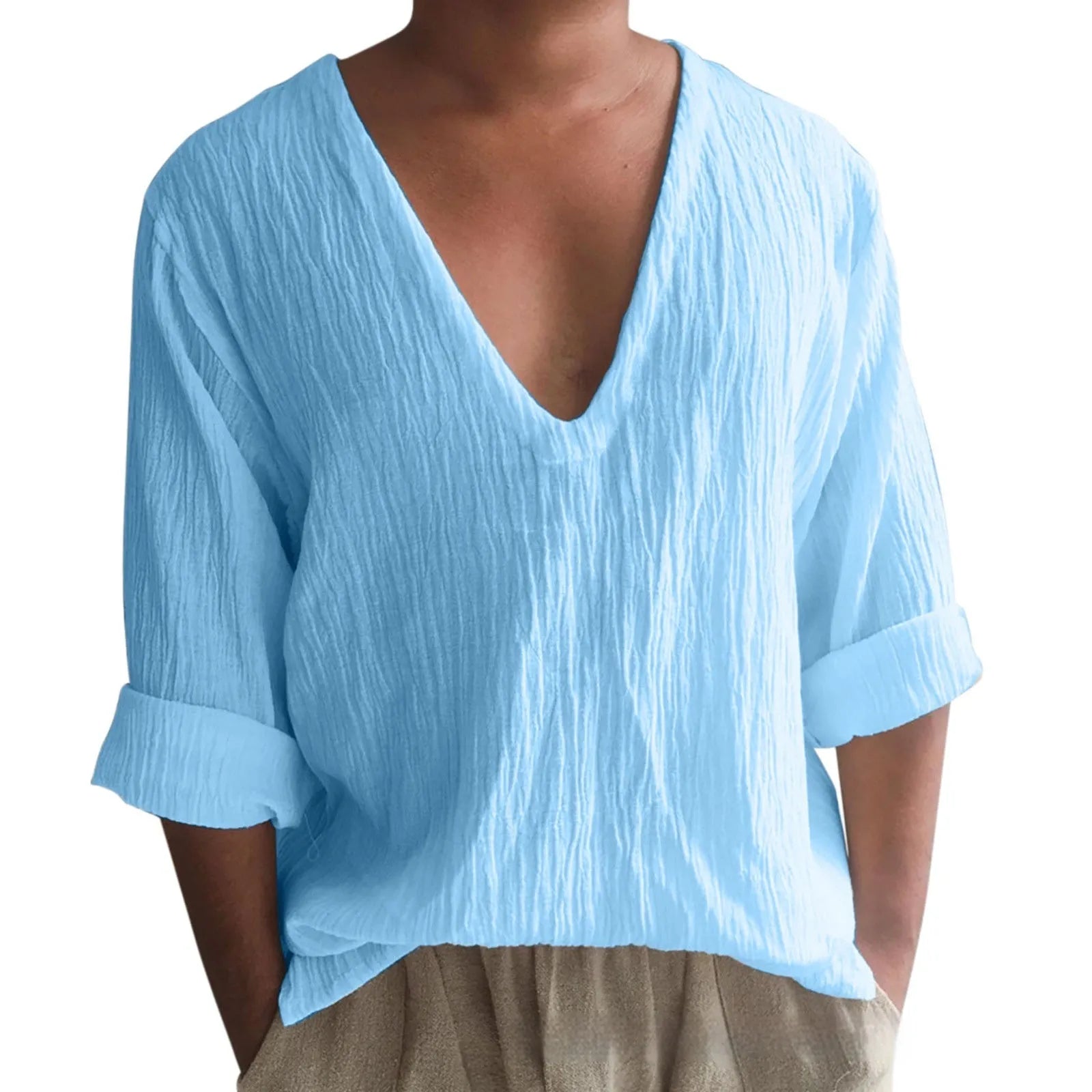 Men's washed cotton long sleeve V-neck t-shirt in a solid colour on a hanger.