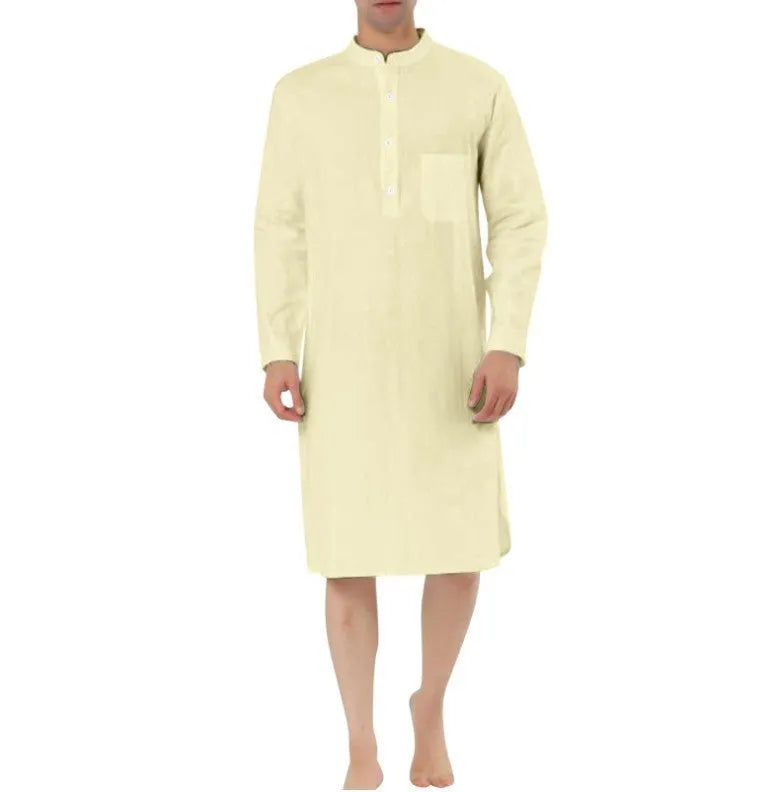 Men's cotton shirt robe in a light blue colour with a front chest pocket and button front.