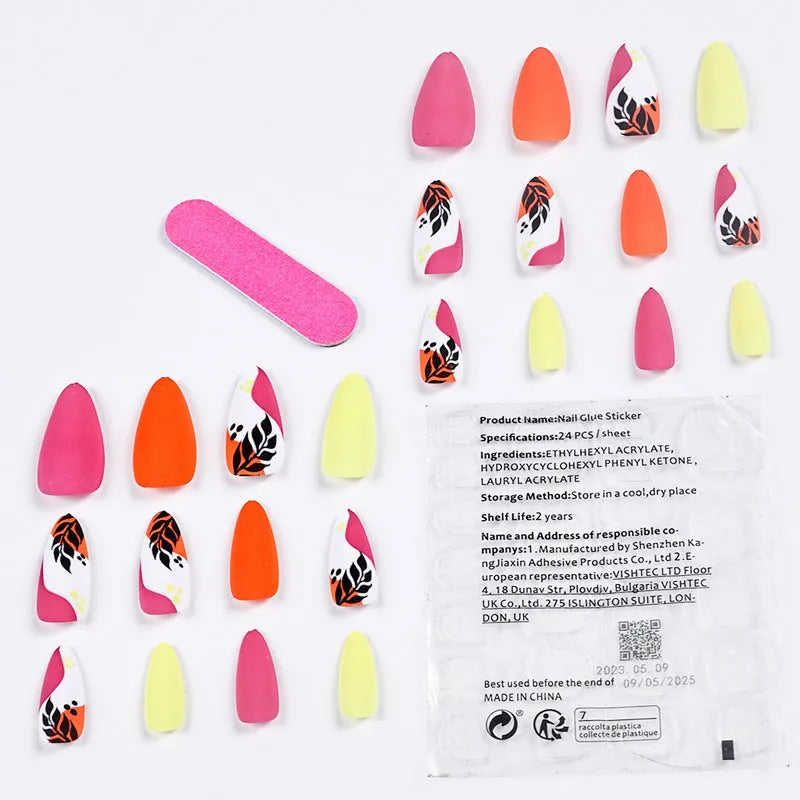 Nail stickers in almond armour shape with frosted finish, including four decorative colours: French colourful leaves, star flash macarons, gradient leopard print, and colourful plating, suitable for ladies and wearable style designs
