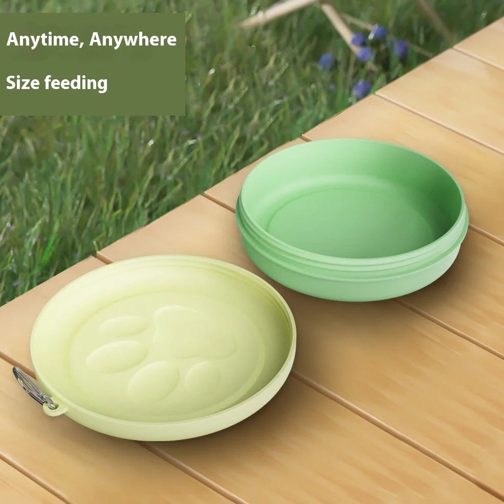 Collapsible dog food bowl showing expanded and folded positions with leak-proof silicone base