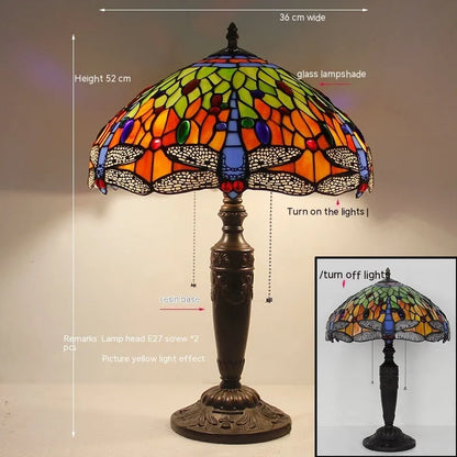 European style stone table lamp with dragonfly motif in blue finish, 30cm height