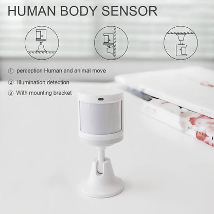 White wireless infrared human body sensor with 7m detection range for smart home automation systems