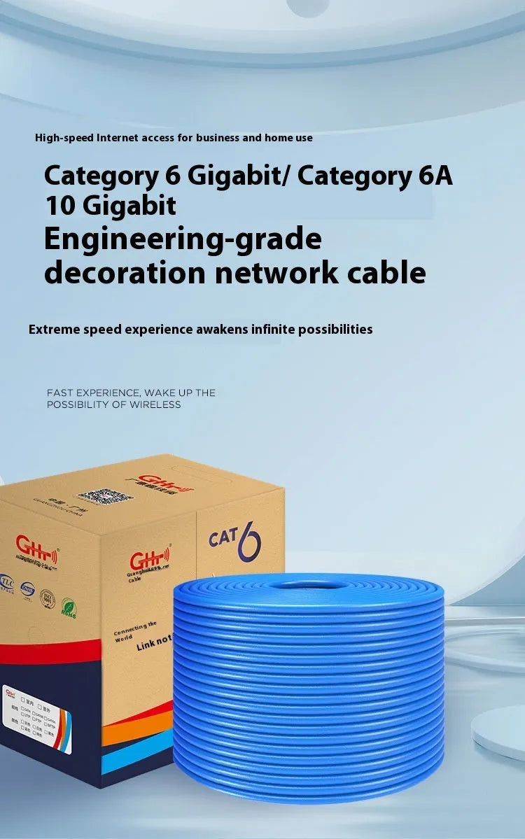 A reel of blue Category 6 network cable with oxygen-free copper core, showing the 305m length label.