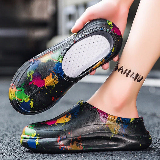 Men's black platform pump work shoes with toe cap protection and textured sole