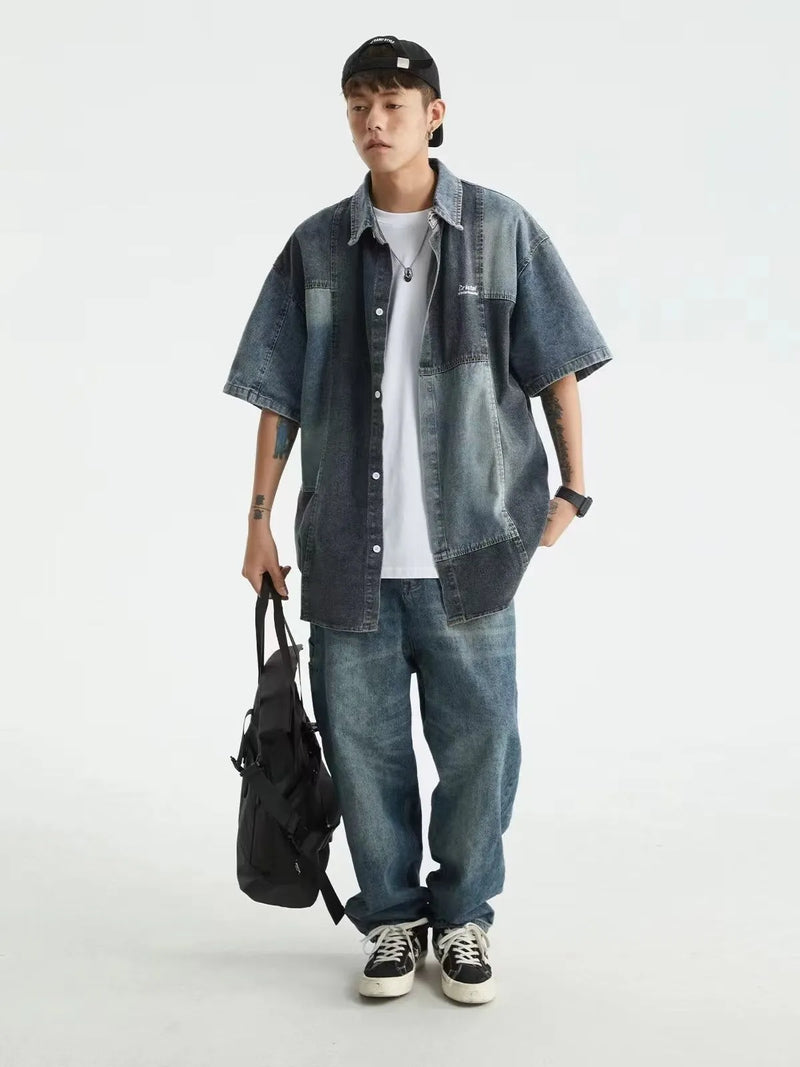 Japanese-style Retro Washed Denim Shirt for Men, Loose Fit Cardigan with Stitching Detail, Casual Long-Sleeve Shirt in Blue Denim Cotton, Available in Sizes M L XL 2XL 3XL